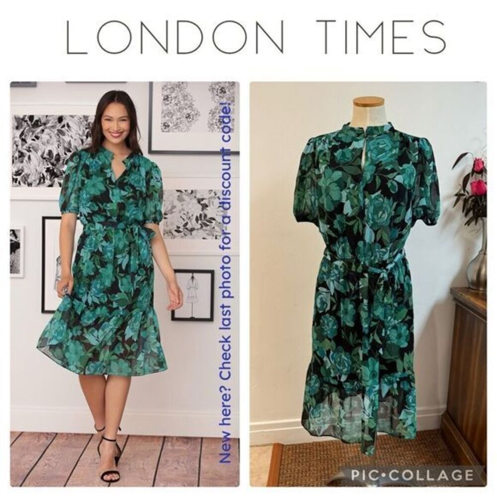 London Times | Floral  Puff-Sleeve Waist‎ Tie Midi Dress - Black/Green, Size 10P